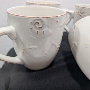 White Embossed Ceramic Mugs with Distressed Trim